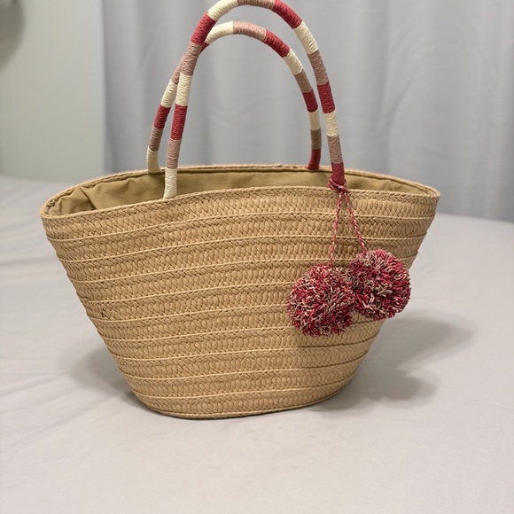 LOFT Woven Tan Tote with Red and Cream Pom Pom Accents - Picture 3 of 10